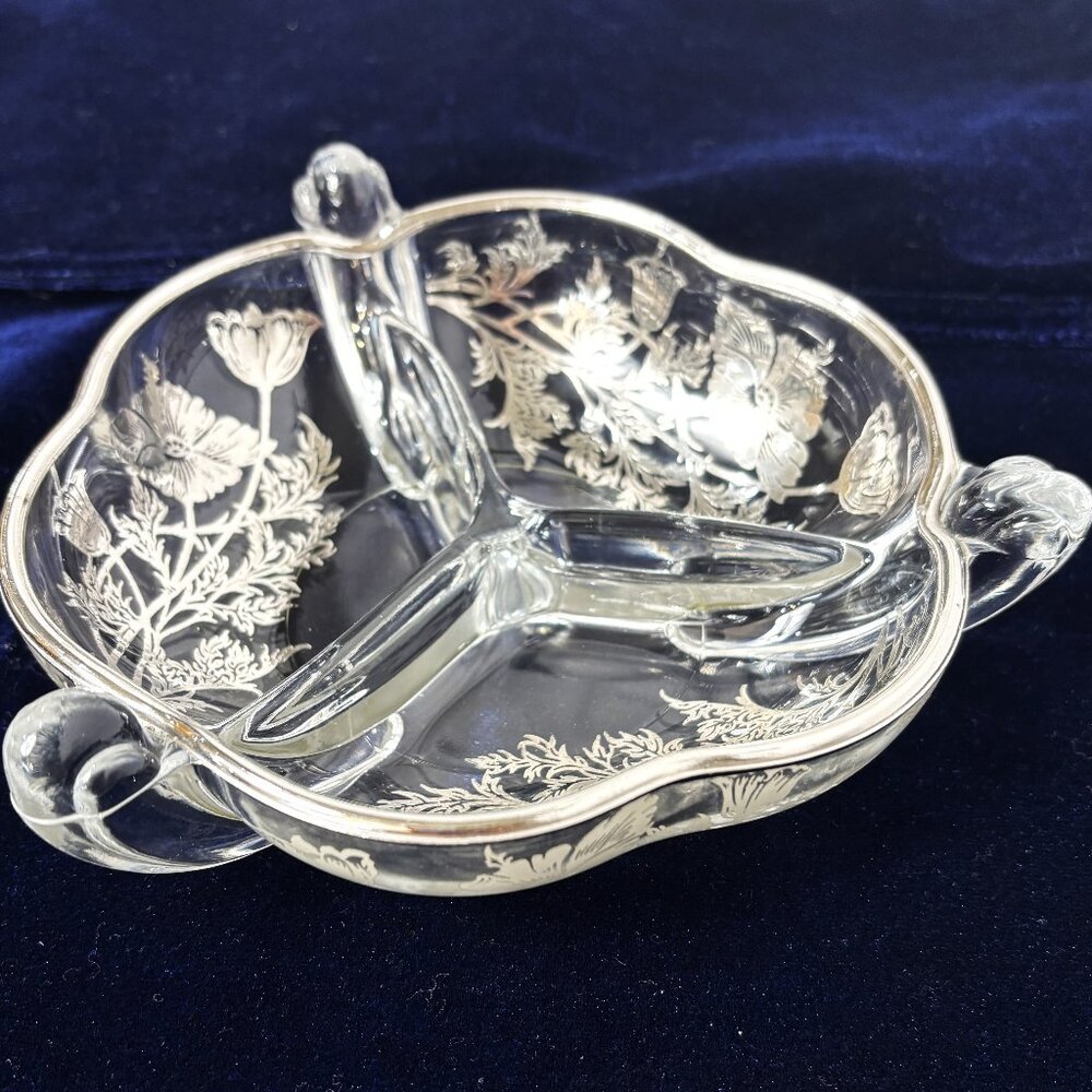 * Vintage 3 Part Divided Relish Dish w/ Floral pattern & silver edge